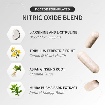 Nitric Oxide Supplement with L-Arginine to Support Energy, Quick Recovery, Heart Health, Muscle Growth & Circulation, 60 Vegetarian Capsules (1 Month Supply)