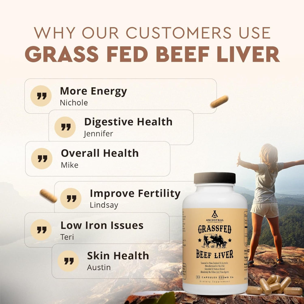 Grass Fed Beef Liver 180 Capsules, Supports Energy Production, Detoxification, Digestion, Immunity and Full Body Wellness, Non-Gmo, Freeze Dried Liver Health Supplement