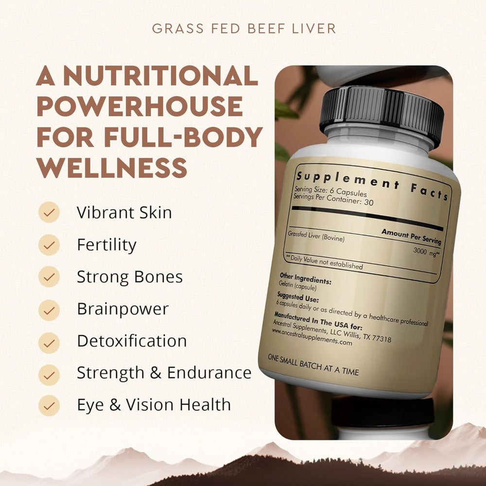 Grass Fed Beef Liver 180 Capsules, Supports Energy Production, Detoxification, Digestion, Immunity and Full Body Wellness, Non-Gmo, Freeze Dried Liver Health Supplement