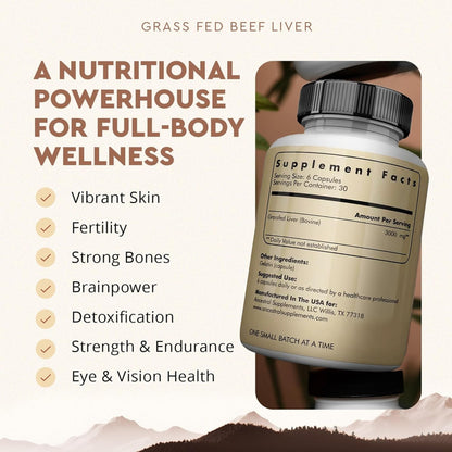 Grass Fed Beef Liver 180 Capsules, Supports Energy Production, Detoxification, Digestion, Immunity and Full Body Wellness, Non-Gmo, Freeze Dried Liver Health Supplement