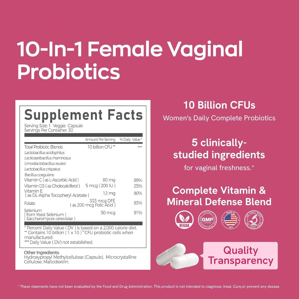 Vaginal Probiotics for Women Odor & Itch Support, Urinary | Ph Balance, Female Probiotics 10 Billion CFU Lactobacillus Probiotics Blend,Selenium-Vitamin C/E/D3 Promote Immune Health, 30 Count