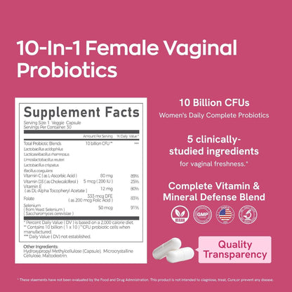 Vaginal Probiotics for Women Odor & Itch Support, Urinary | Ph Balance, Female Probiotics 10 Billion CFU Lactobacillus Probiotics Blend,Selenium-Vitamin C/E/D3 Promote Immune Health, 30 Count