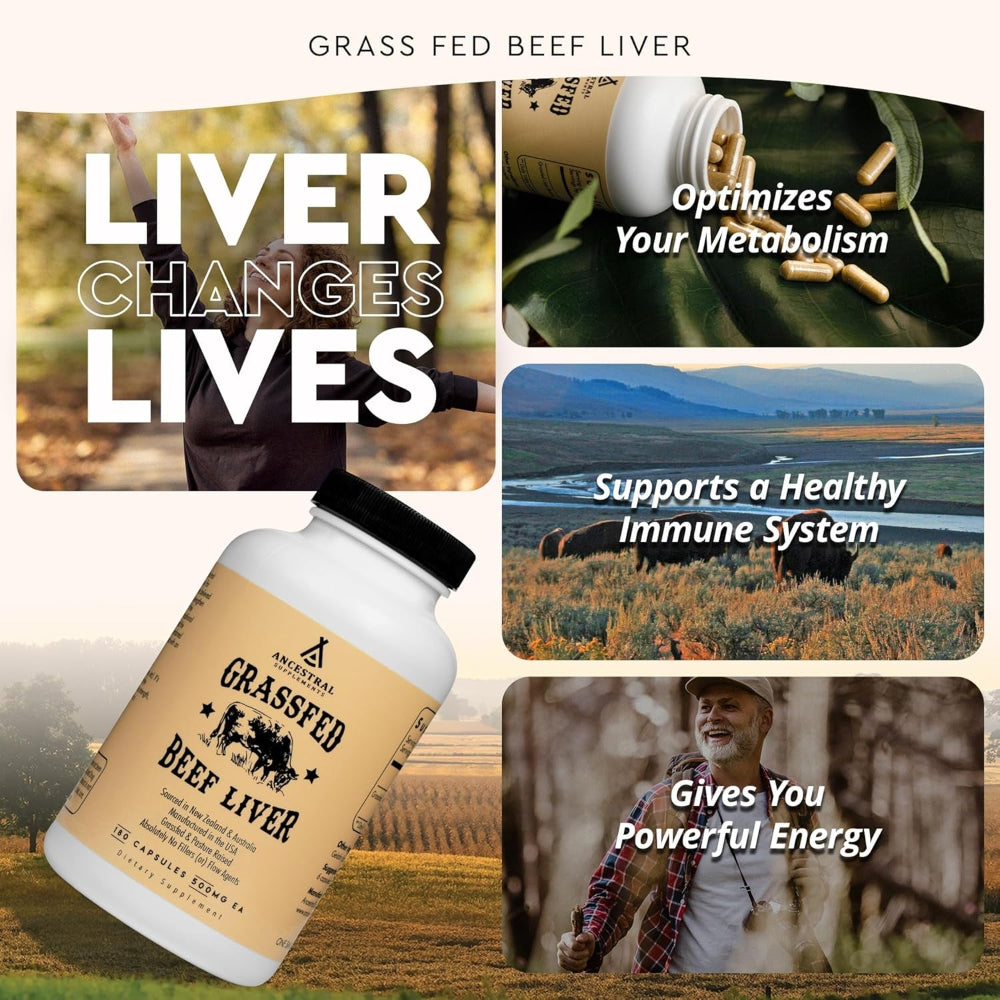 Grass Fed Beef Liver 180 Capsules, Supports Energy Production, Detoxification, Digestion, Immunity and Full Body Wellness, Non-Gmo, Freeze Dried Liver Health Supplement
